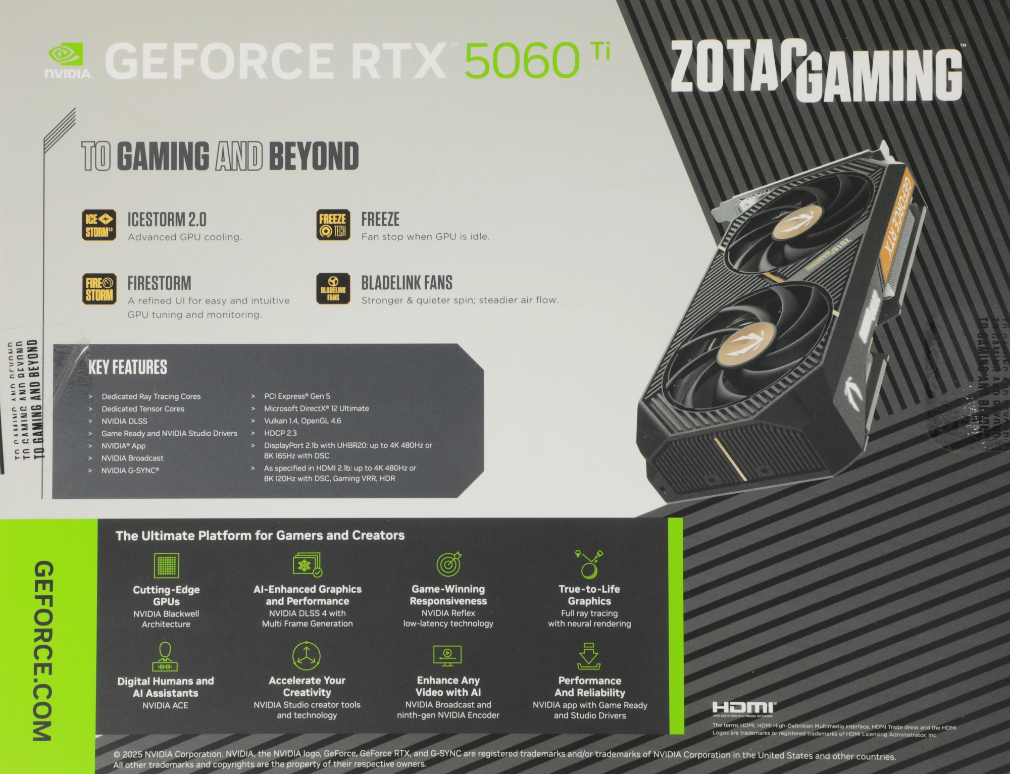 Видеокарта Zotac PCI-E 5.0 RTX 5060TI 8GB AMP NVIDIA GeForce RTX 5060TI 8Gb 128bit GDDR7 2632/28000 HDMIx1 DPx3 HDCP Ret — миниатюра 7