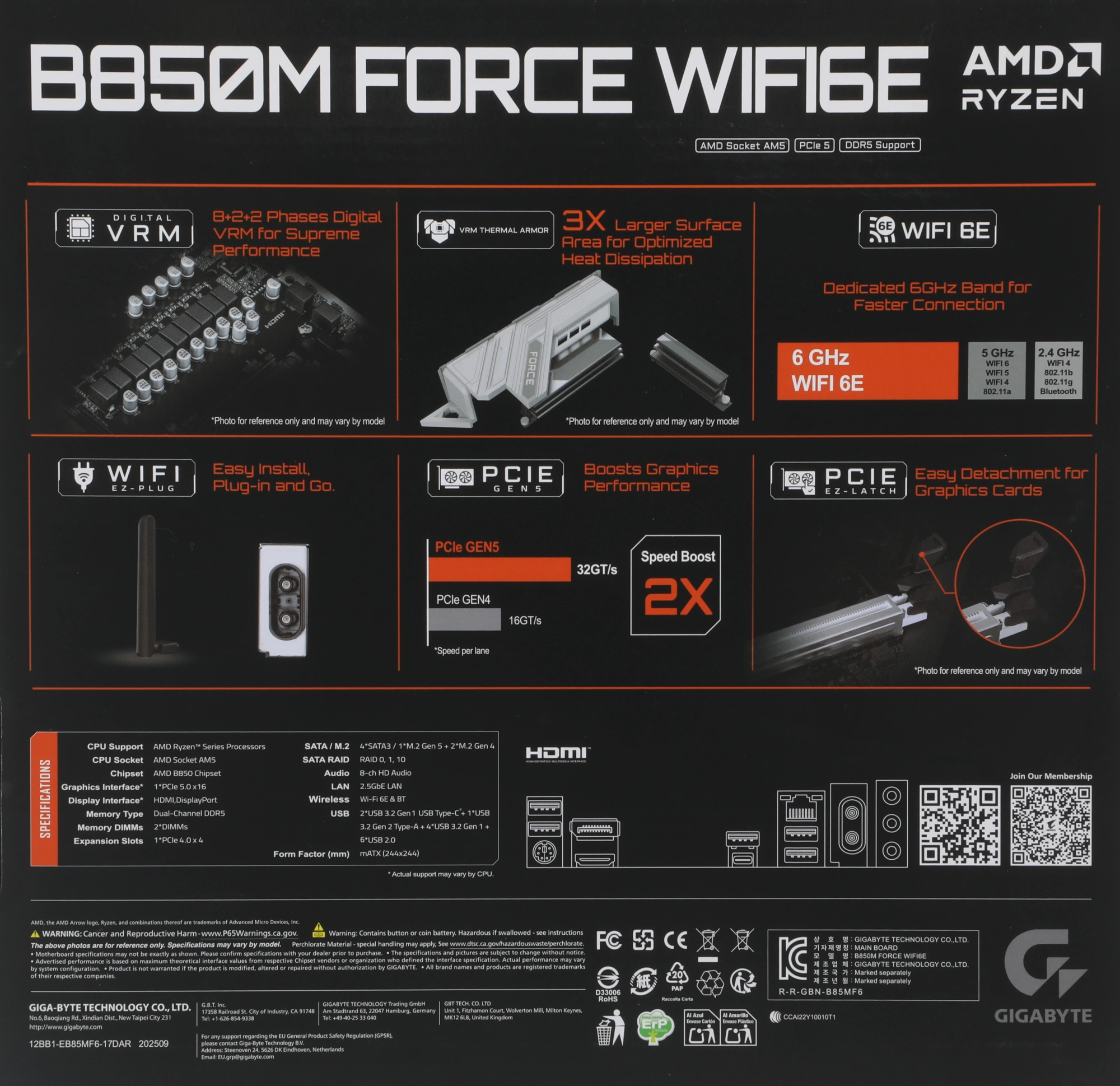 Материнская плата Gigabyte B850M FORCE WIFI6E Socket AM5 AMD B850 2xDDR5 mATX AC`97 8ch(7.1) 2.5Gg RAID+HDMI+DP — миниатюра 3