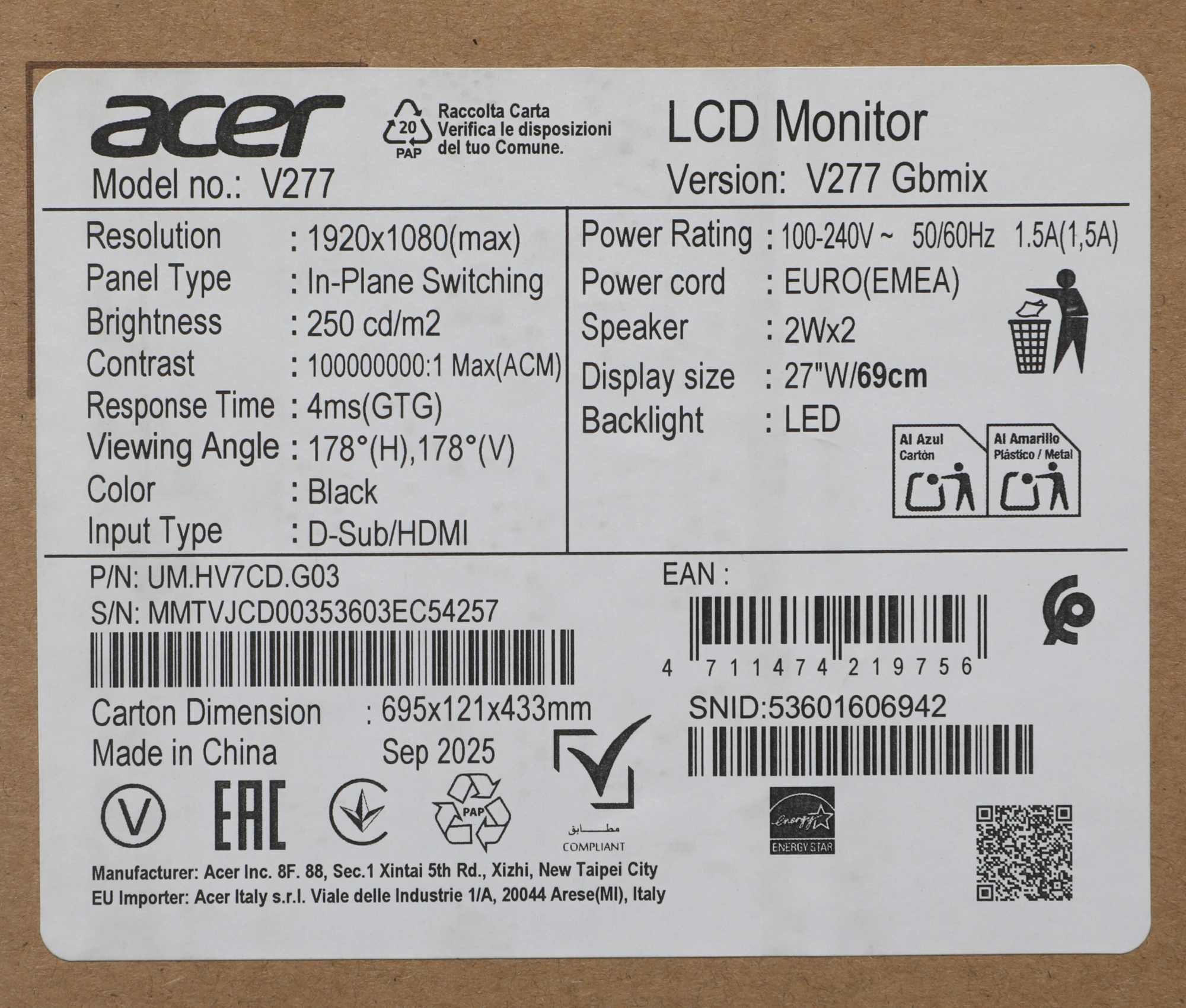 Монитор Acer 27" Vero V277Gbmix черный IPS LED 4ms 16:9 HDMI M/M матовая 250cd 178гр/178гр 1920x1080 120Hz FreeSync VGA FHD 3.64кг — миниатюра 10
