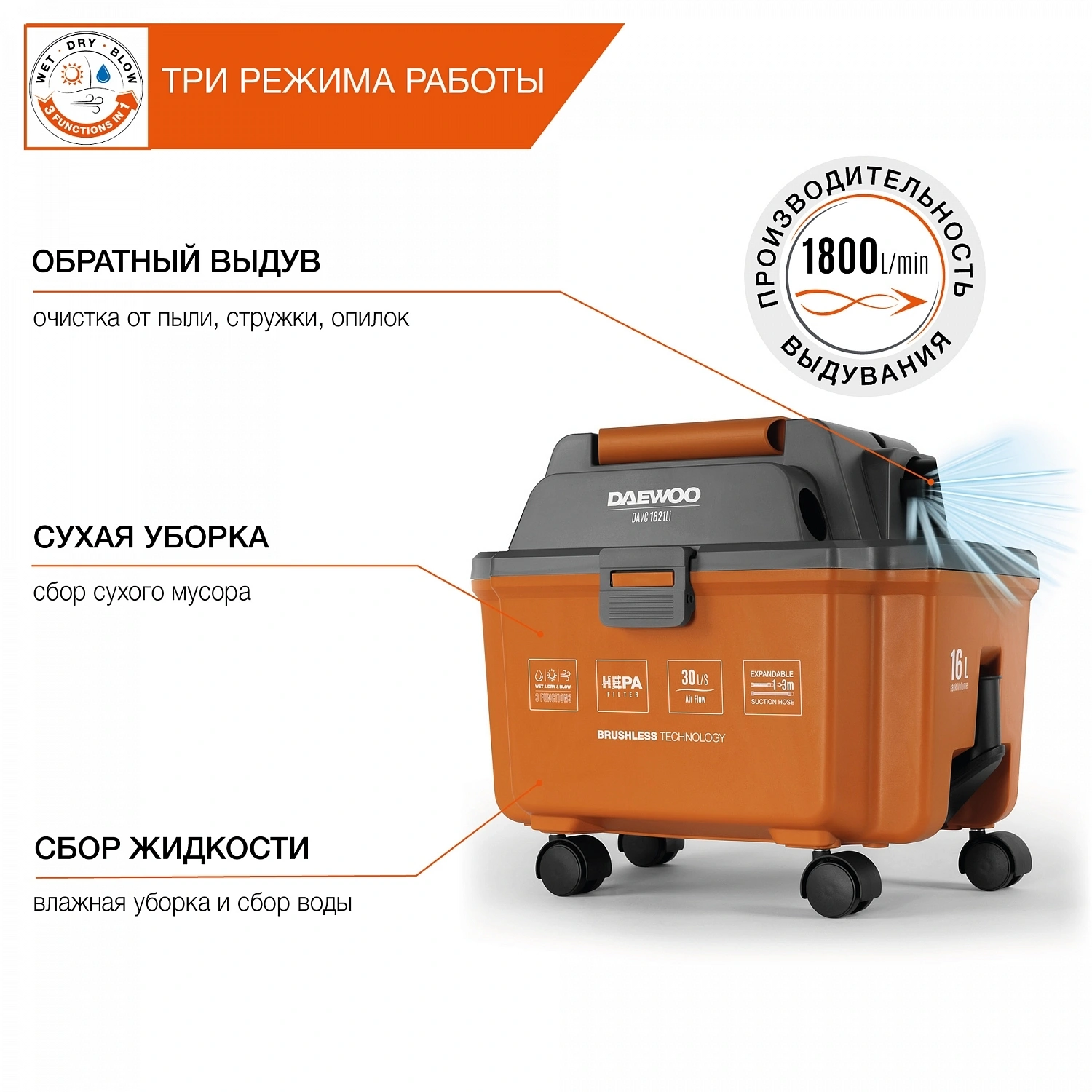 Строительный пылесос Daewoo DAVC 1621Li SET 200Вт (уборка: сухая/сбор воды/выдув) оранжевый — миниатюра 10