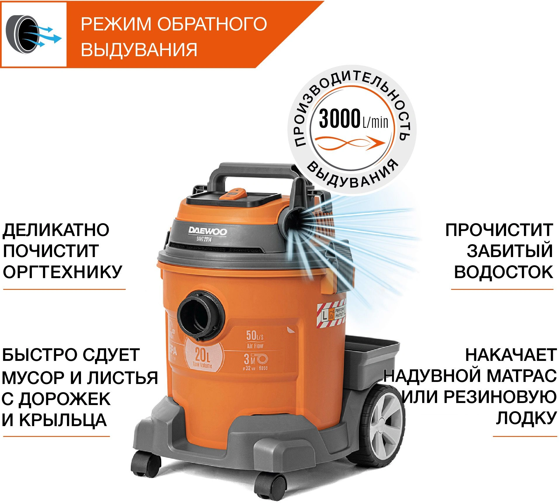 Строительный пылесос Daewoo DAVC 2014 1400Вт (уборка: сухая/влажная/выдув/сбор воды) оранжевый — миниатюра 7