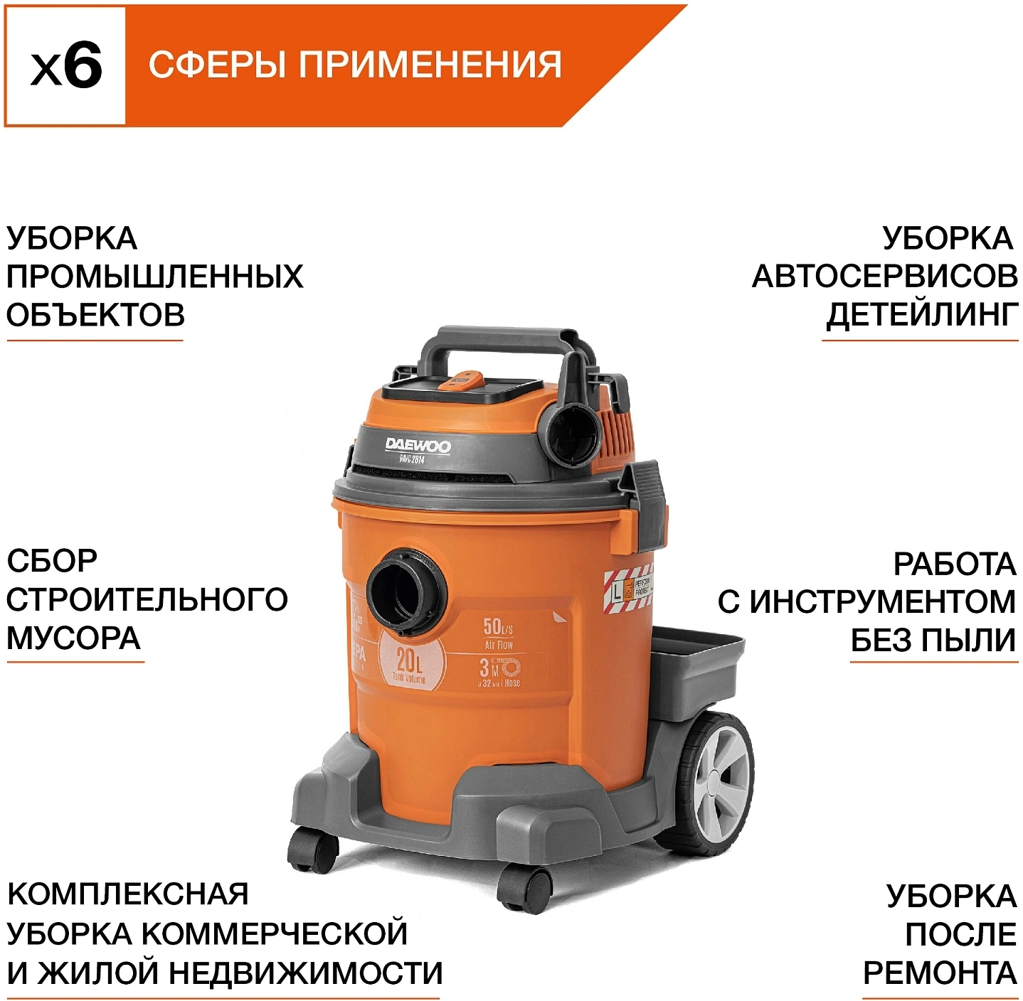 Строительный пылесос Daewoo DAVC 2514S 1400Вт (уборка: сухая/влажная/выдув/сбор воды) серый — миниатюра 5