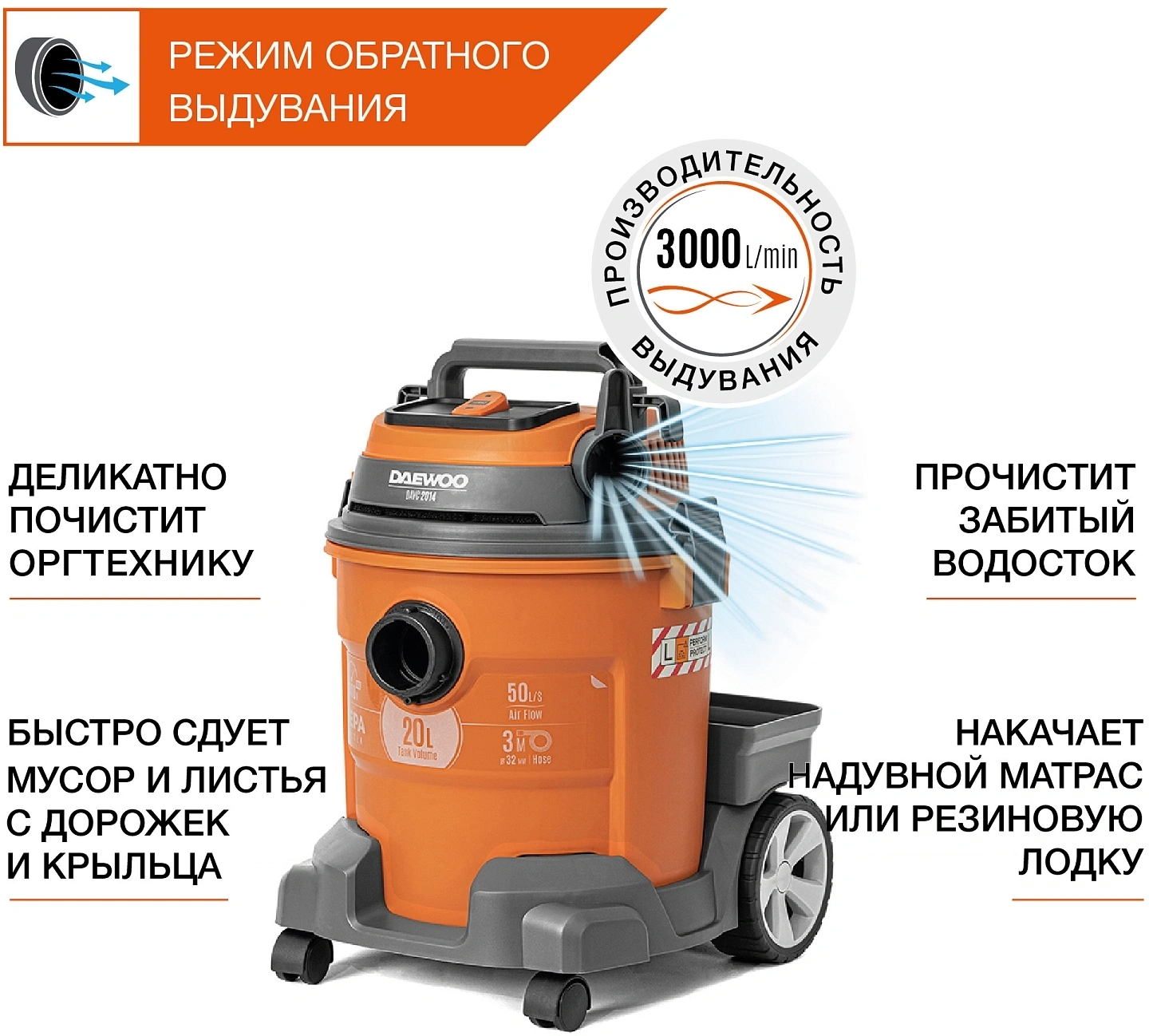 Строительный пылесос Daewoo DAVC 2514S 1400Вт (уборка: сухая/влажная/выдув/сбор воды) серый — миниатюра 8