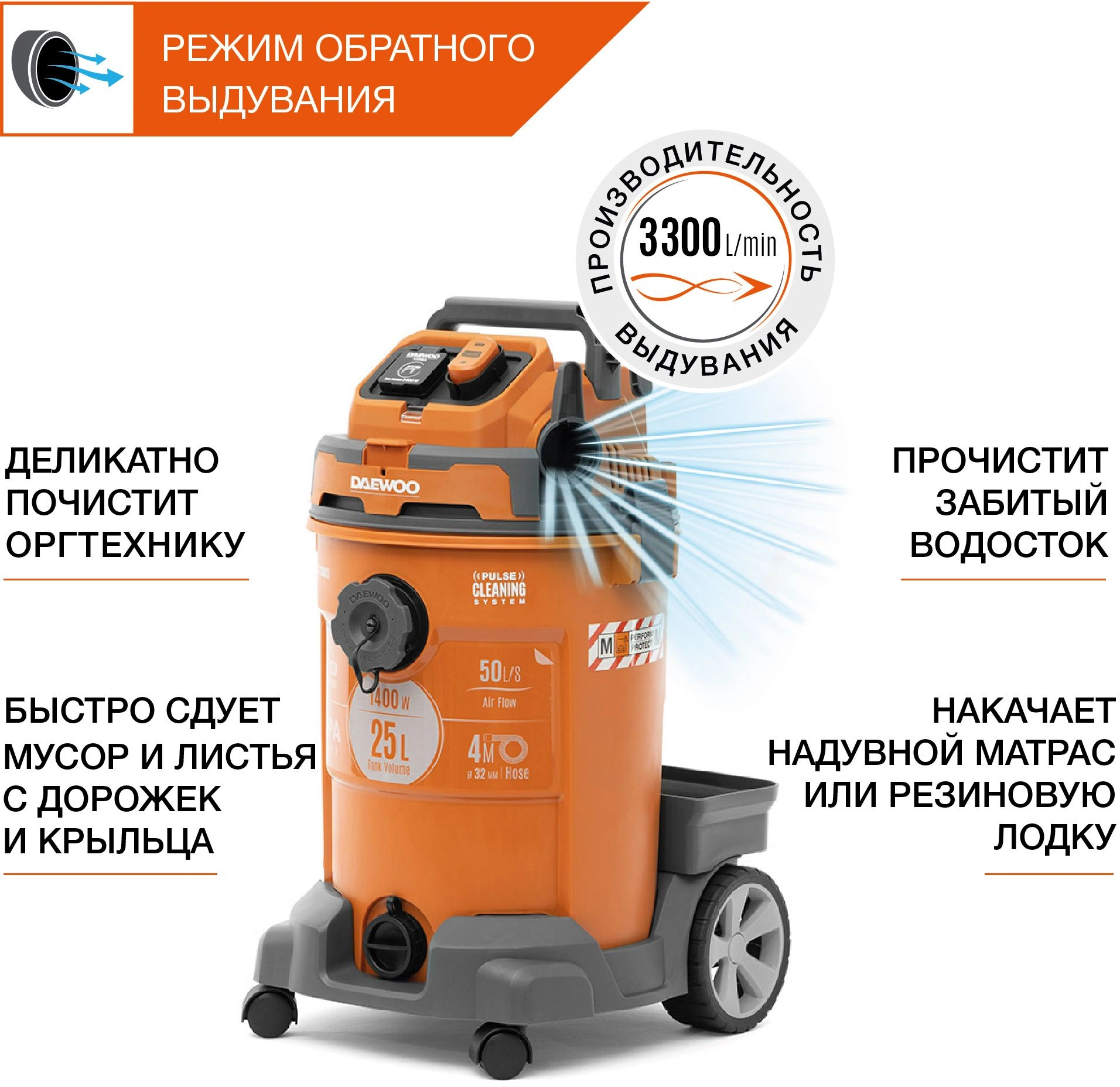 Строительный пылесос Daewoo DAVC 2500SD 1400Вт (уборка: сухая/влажная/выдув/сбор воды) оранжевый — миниатюра 5
