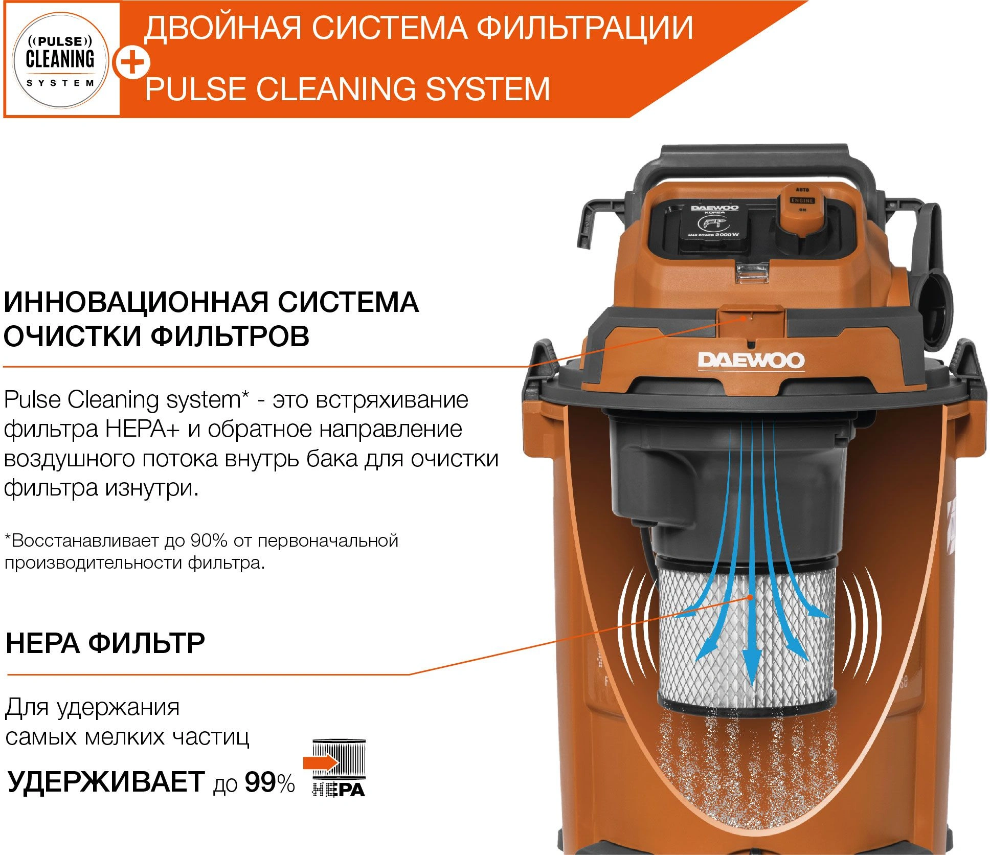 Строительный пылесос Daewoo DAVC 2500SD 1400Вт (уборка: сухая/влажная/выдув/сбор воды) оранжевый — миниатюра 7