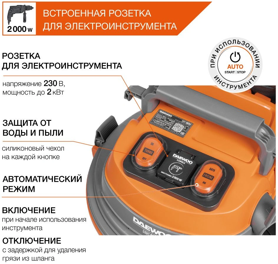 Строительный пылесос Daewoo DAVC 6025S 2500Вт (уборка: сухая/сбор воды/выдув) оранжевый — миниатюра 5