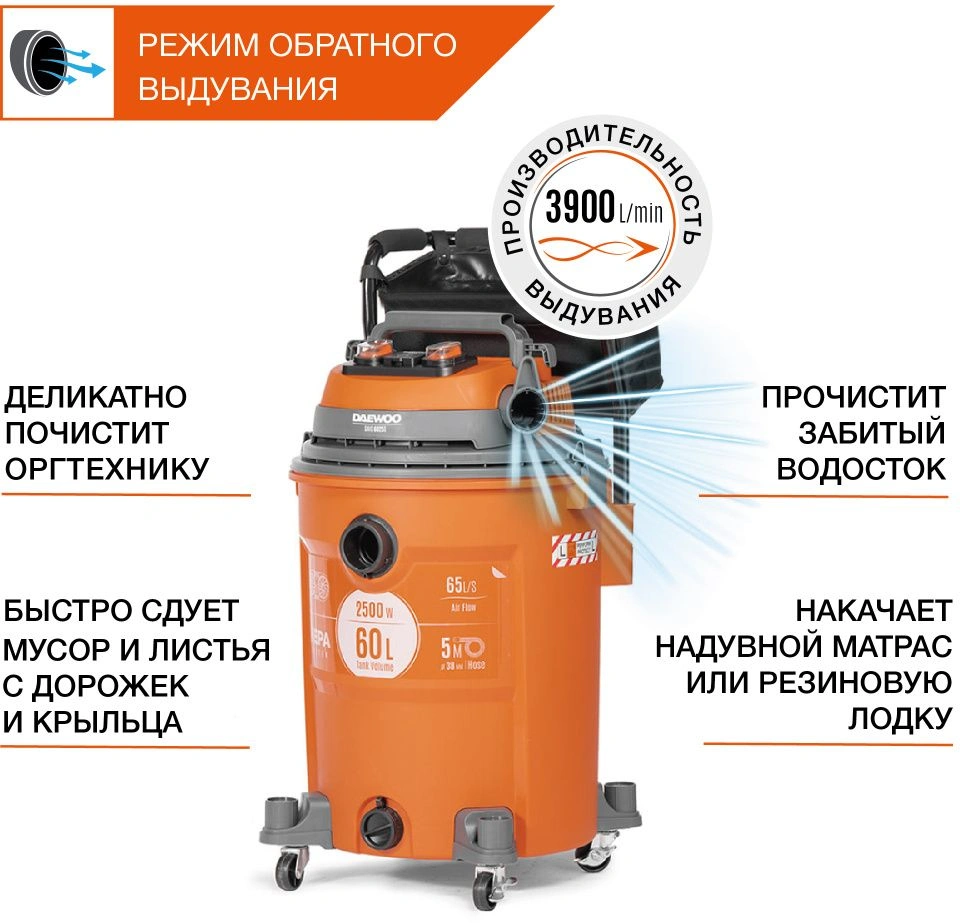 Строительный пылесос Daewoo DAVC 6025S 2500Вт (уборка: сухая/сбор воды/выдув) оранжевый — миниатюра 20
