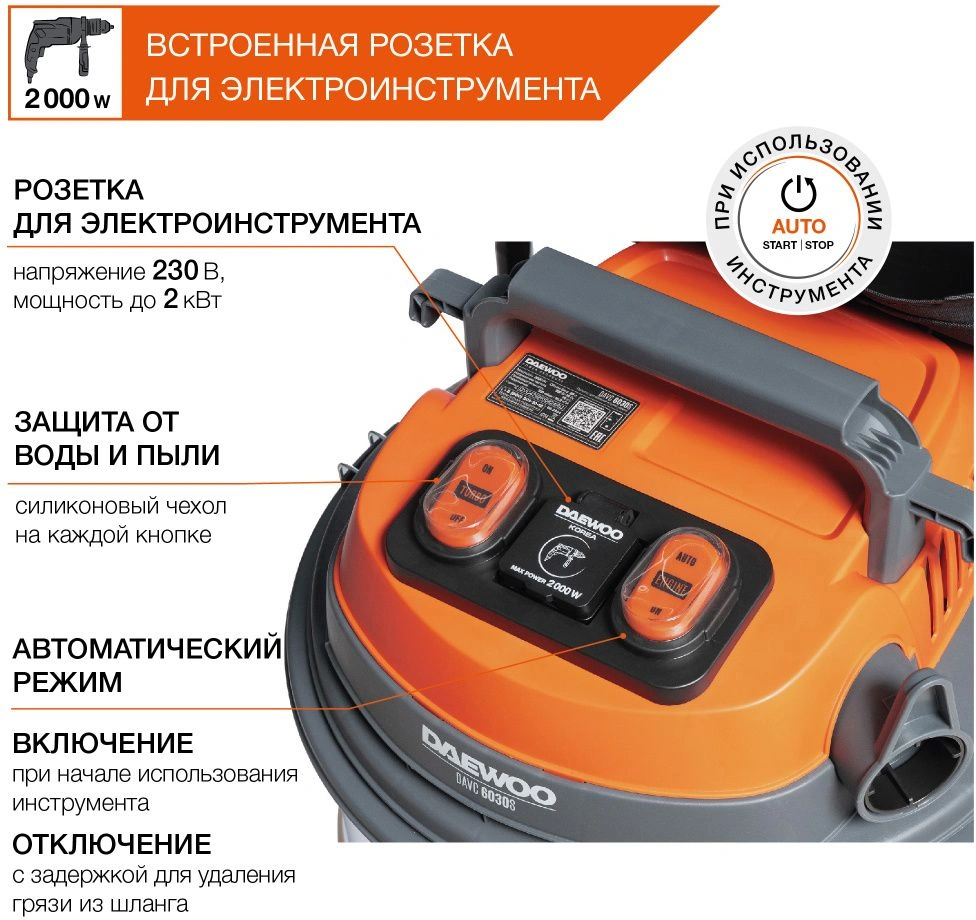 Строительный пылесос Daewoo DAVC 6030S 3200Вт (уборка: сухая/сбор воды/выдув) серебристый — миниатюра 5