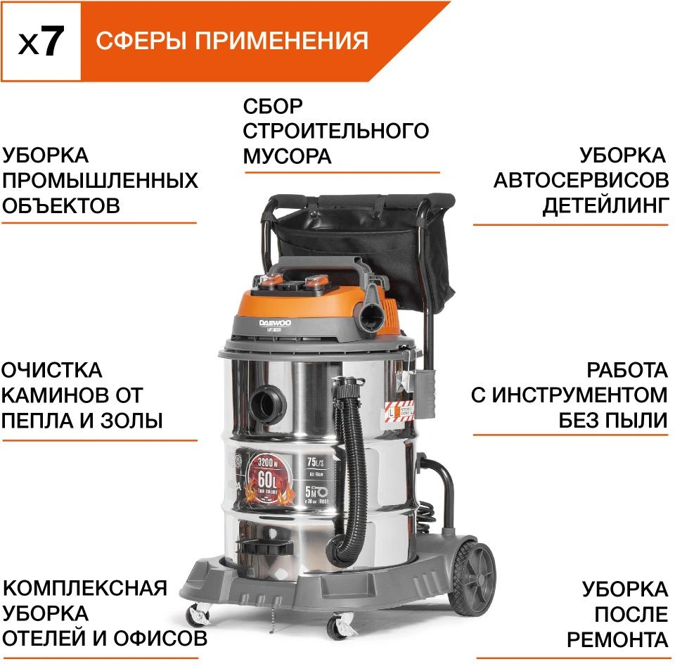 Строительный пылесос Daewoo DAVC 6030S 3200Вт (уборка: сухая/сбор воды/выдув) серебристый — миниатюра 12