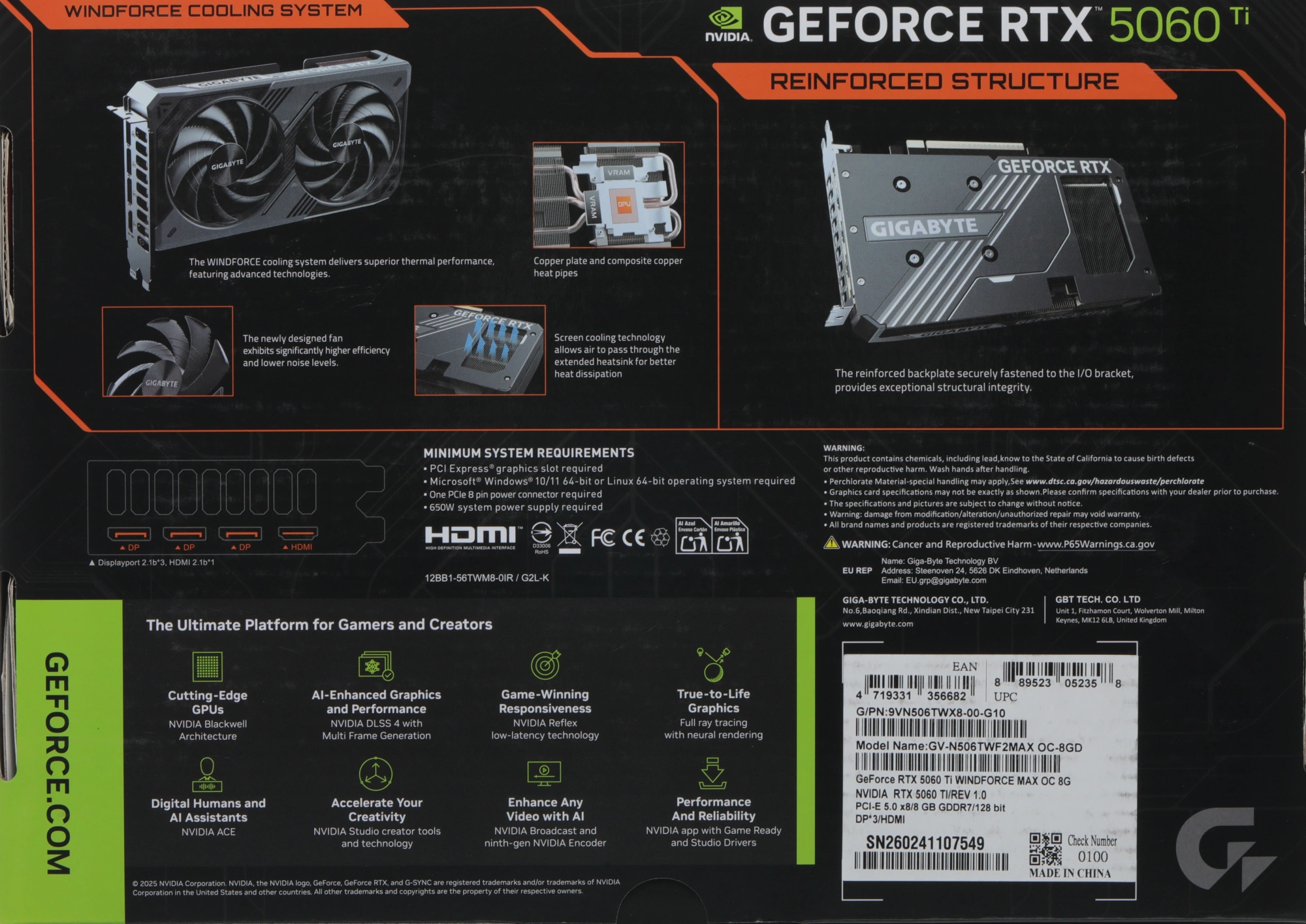 Видеокарта Gigabyte PCI-E 5.0 GV-N506TWF2MAX OC-8GD 1.0 NVIDIA GeForce RTX 5060TI 8Gb 128bit GDDR7 2587/28000 HDMIx1 DPx3 HDCP Ret — миниатюра 17