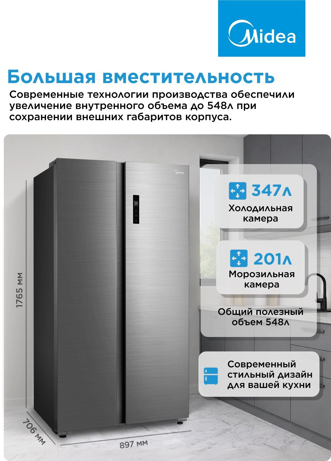 Холодильник Midea MDRS710FGE46 2-хкамерн. нержавеющая сталь инвертер — миниатюра 9