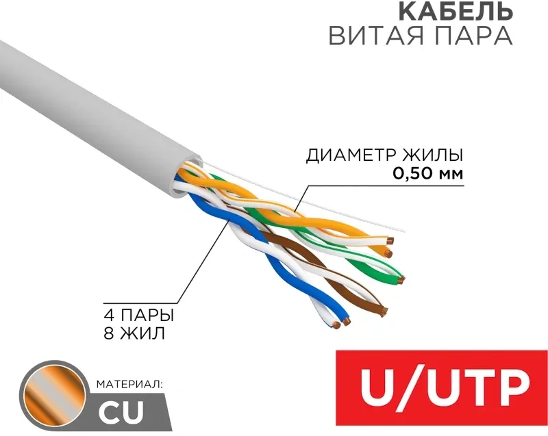 Кабель информационный Rexant 01-0043-R кат.5E U/UTP 4 пары 24AWG PVC внутренний 305м серый — миниатюра 5