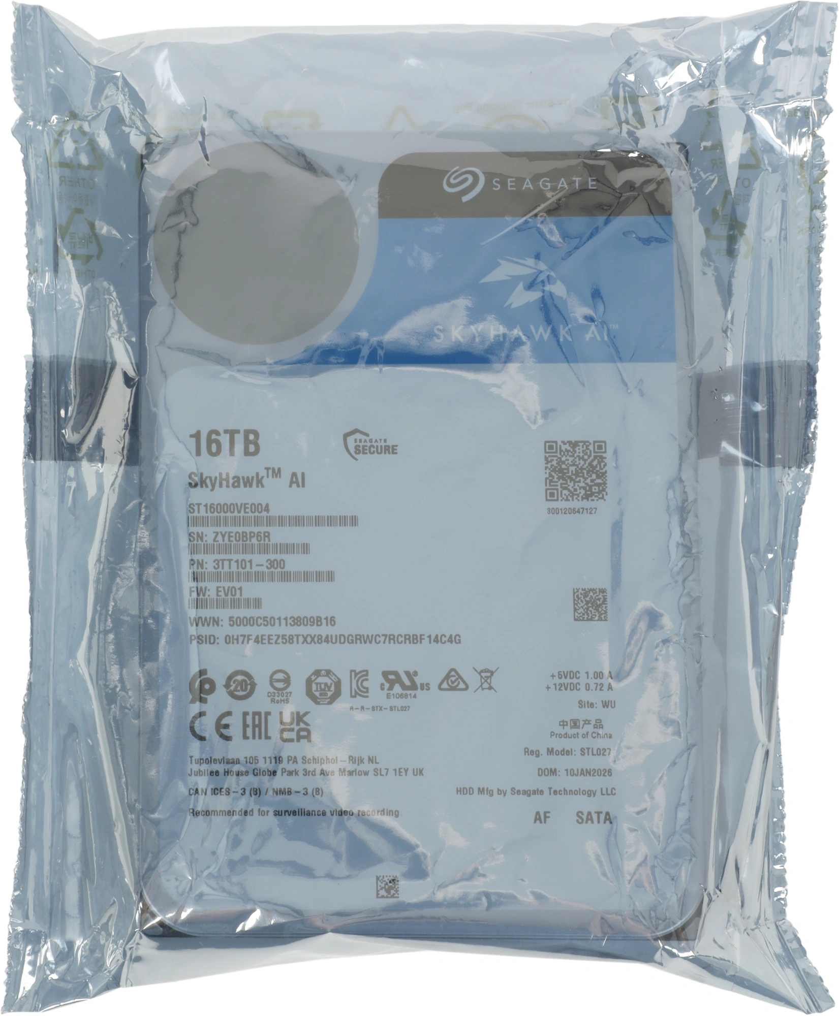 Жесткий диск Seagate SATA-III 16TB ST16000VE004 Surveillance SkyHawkAI 512E (7200rpm) 512Mb 3.5" — фото 1