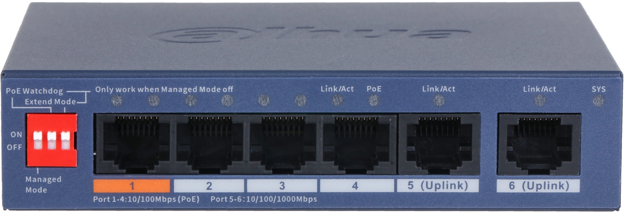 Коммутатор Dahua DH-CS4006-4ET2GT-60 (L2) 4x100Мбит/с 2x1Гбит/с 2xКомбо(1000BASE-T/SFP) 4PoE 60W управляемый — миниатюра 3