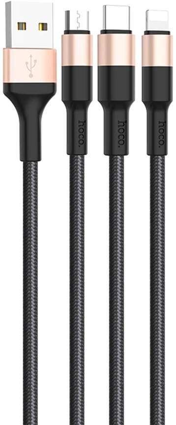 Кабель Hoco X26 Xpress one 80275 USB (m)-Lightning (m)/USB Type-C (m)/micro USB (m) 1м черный/золотистый — фото 1