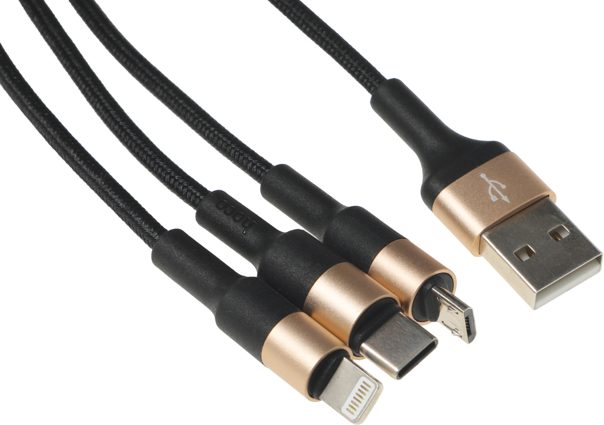 Кабель Hoco X26 Xpress one 80275 USB (m)-Lightning (m)/USB Type-C (m)/micro USB (m) 1м черный/золотистый — миниатюра 6