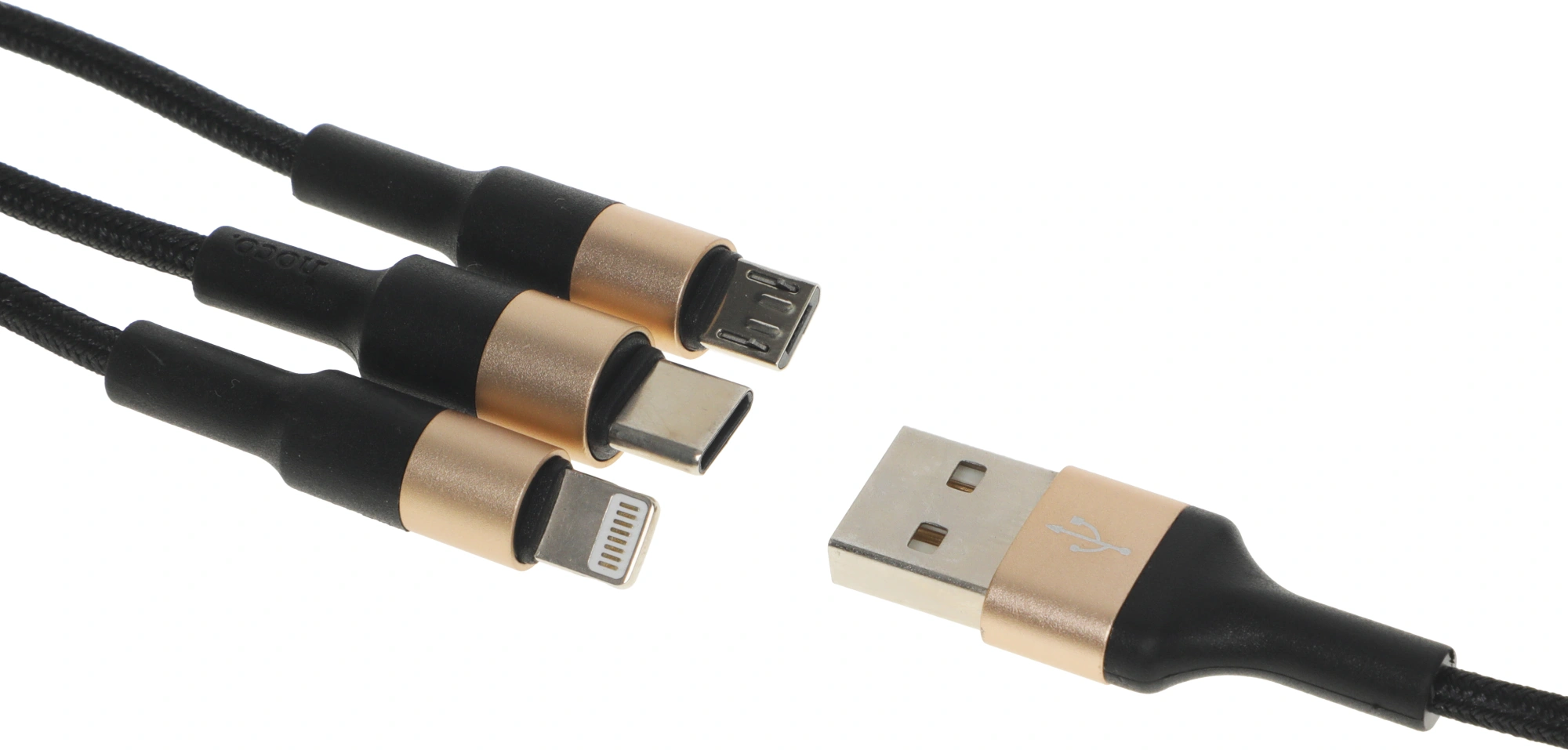 Кабель Hoco X26 Xpress one 80275 USB (m)-Lightning (m)/USB Type-C (m)/micro USB (m) 1м черный/золотистый — миниатюра 7
