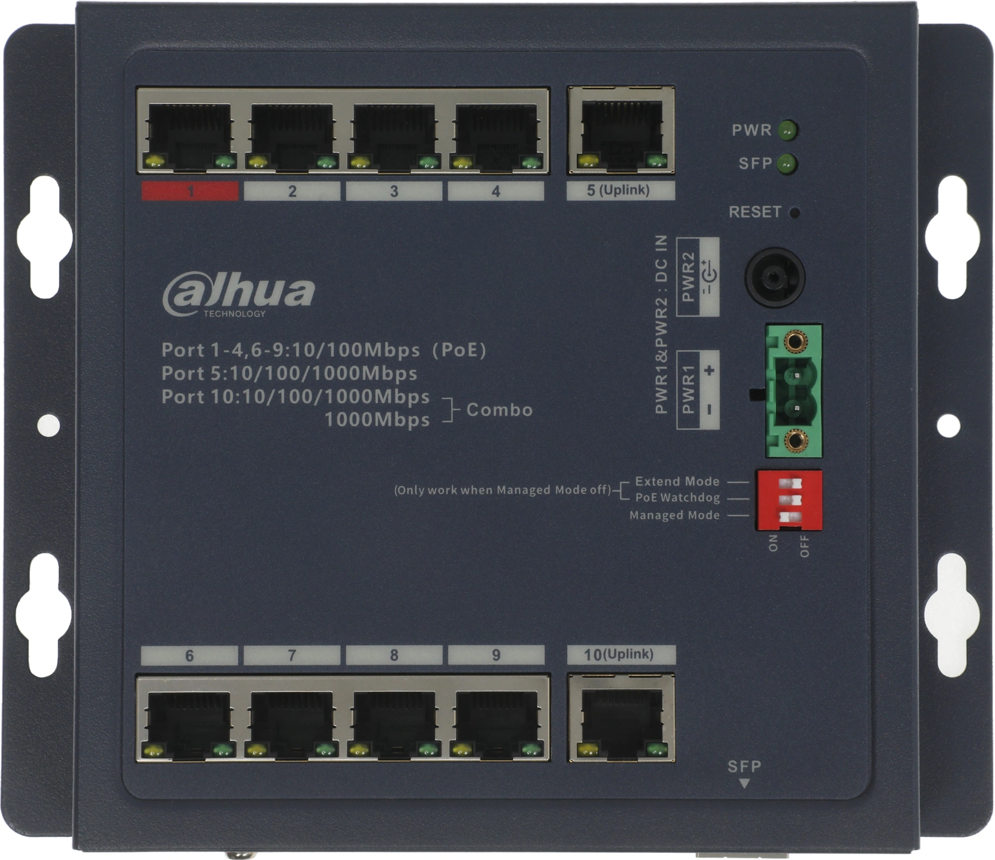 Коммутатор Dahua DH-CHS4110-8ET-90-F (L2) 8x100Мбит/с 1x1Гбит/с 1xКомбо(1000BASE-T/SFP) 8PoE 90W управляемый — миниатюра 7
