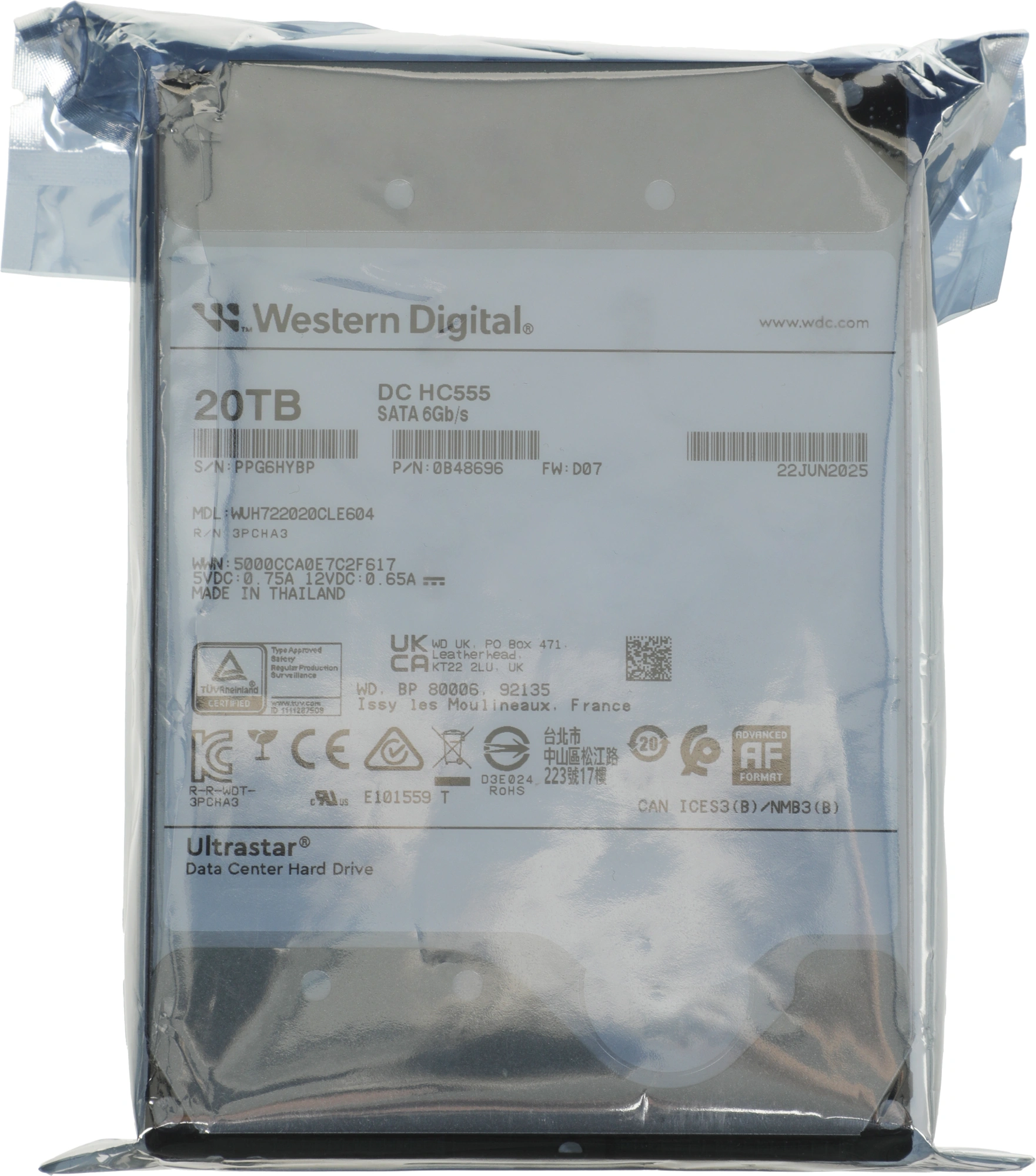 Жесткий диск WD SATA-III 20TB 0B48696 WUH722020CLE604 Ultrastar DC HC555 512E (7200rpm) 512Mb 3.5" — миниатюра 6
