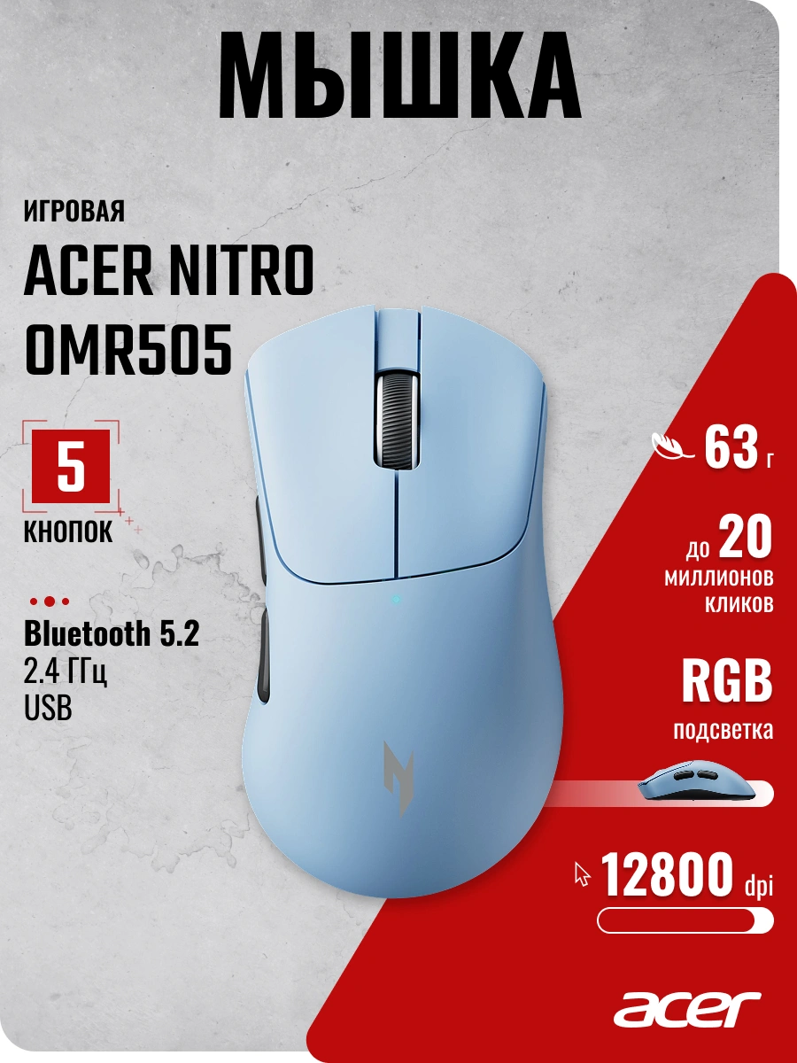Мышь Acer Nitro OMR505 голубой оптическая 12800dpi беспров. BT/Radio USB 5but (ZL.MCE11.01F) — миниатюра 6