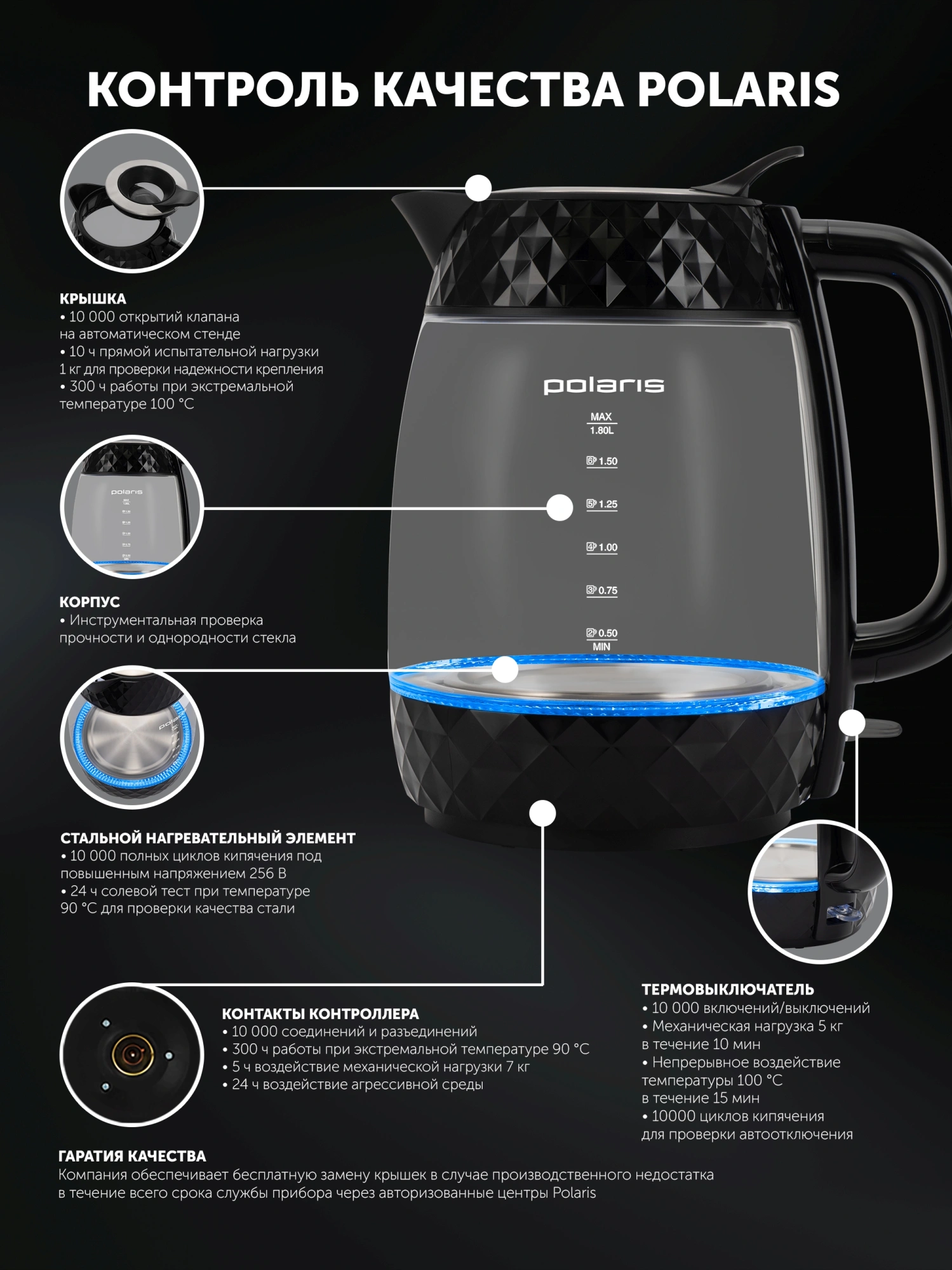 Чайник электрический Polaris PWK 1809CGL 1.8л. 2200Вт черный корпус: стекло/пластик — миниатюра 7