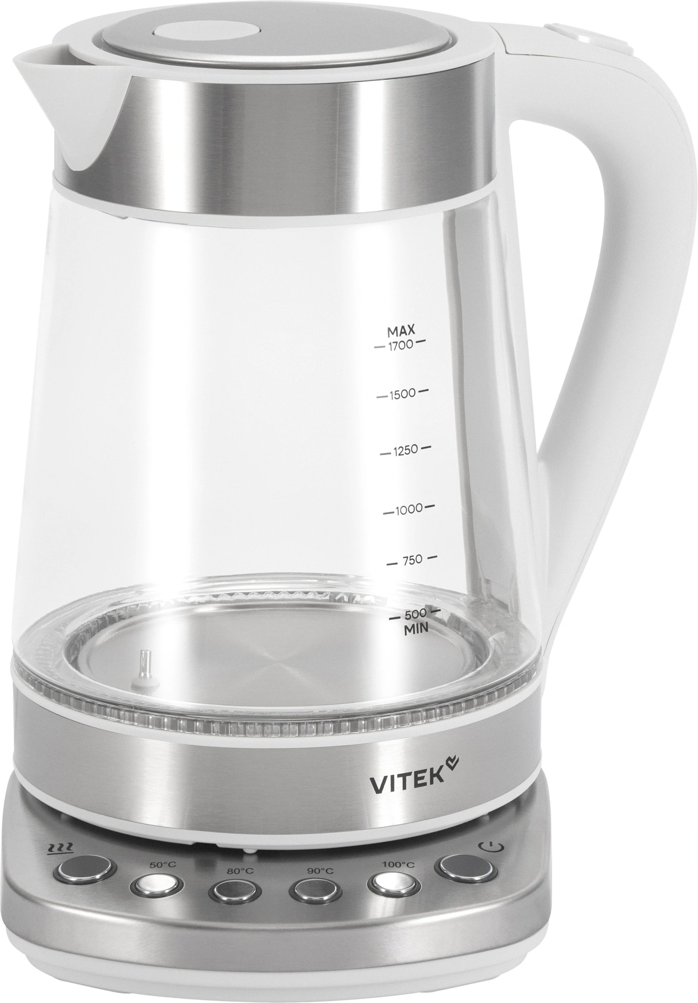 Чайник электрический Vitek VT-WK1031 1.7л. 2200Вт белый/серебристый корпус: стекло/металл/пластик — фото 1