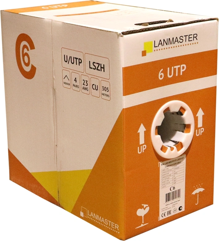 Кабель информационный Lanmaster LAN-6EUTP-PT-LSZH-GY кат.6 UTP 4 пары 23AWG LSZH внутренний 305м серый — фото 1