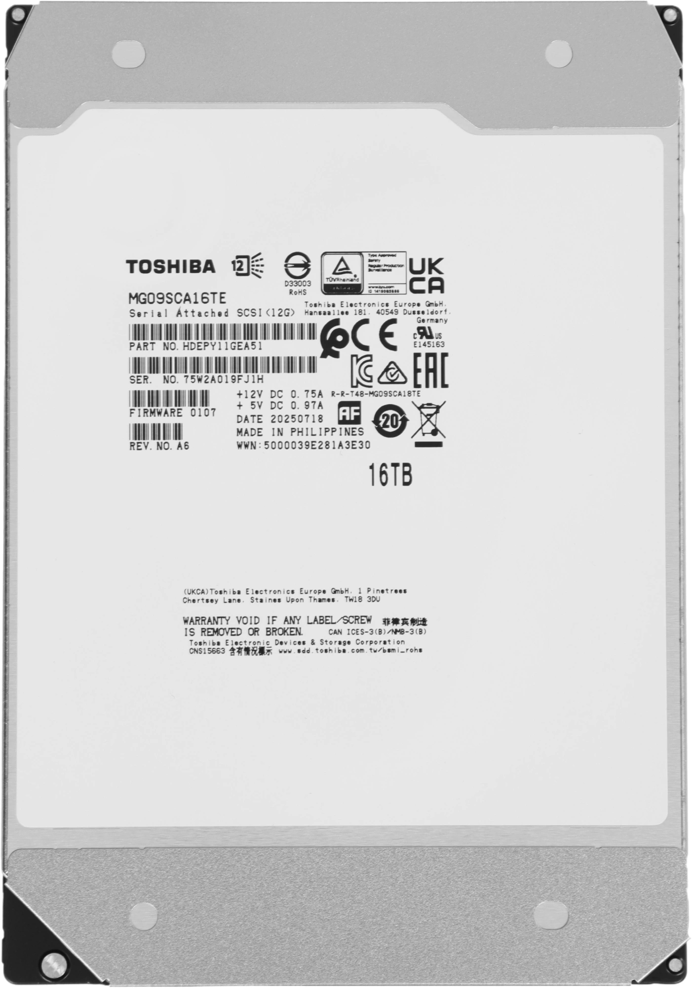 Жесткий диск Toshiba SAS 3.0 16TB MG09SCA16TE Server Enterprise Capacity 512E (7200rpm) 512Mb 3.5" — фото 1