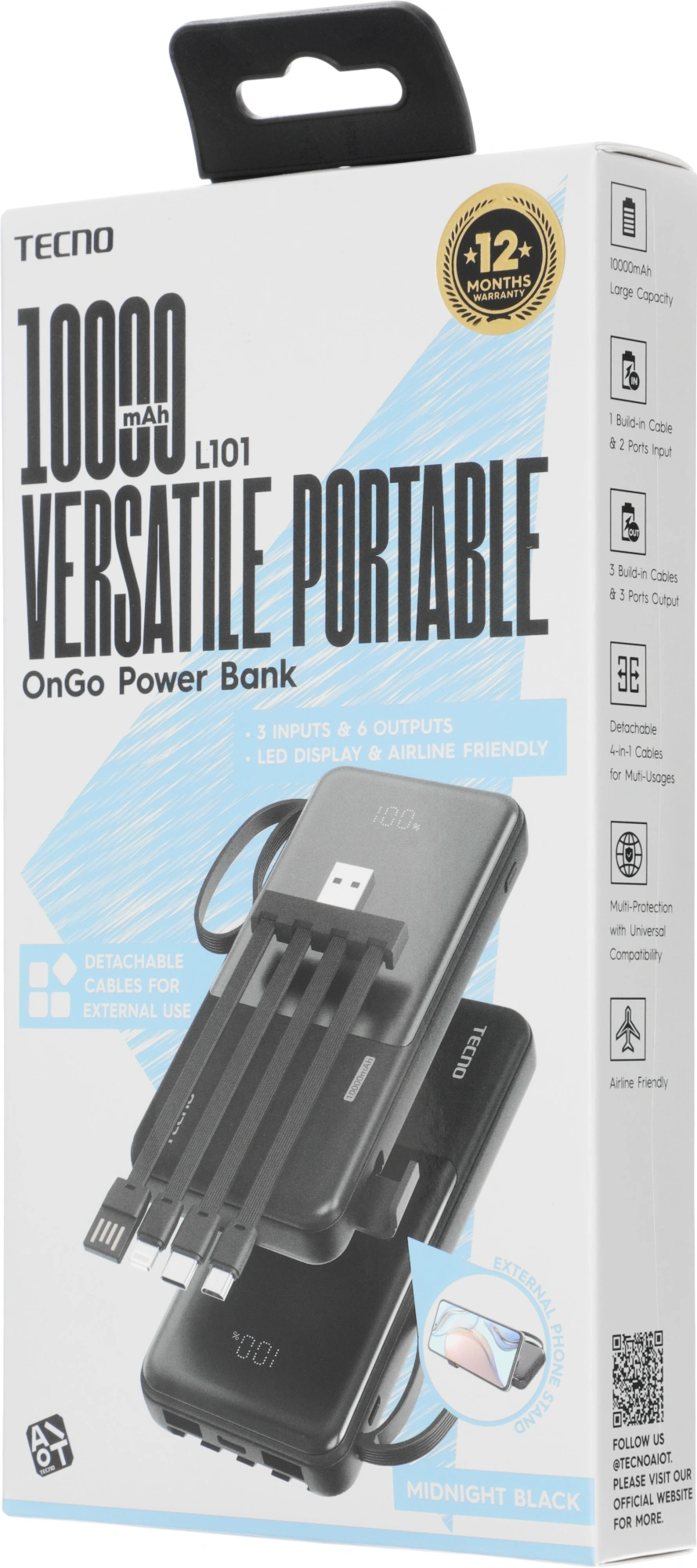 Мобильный аккумулятор Tecno OnGO L101 10000mAh 12W 2.4A 2xUSB-A/USB-C черный — миниатюра 10