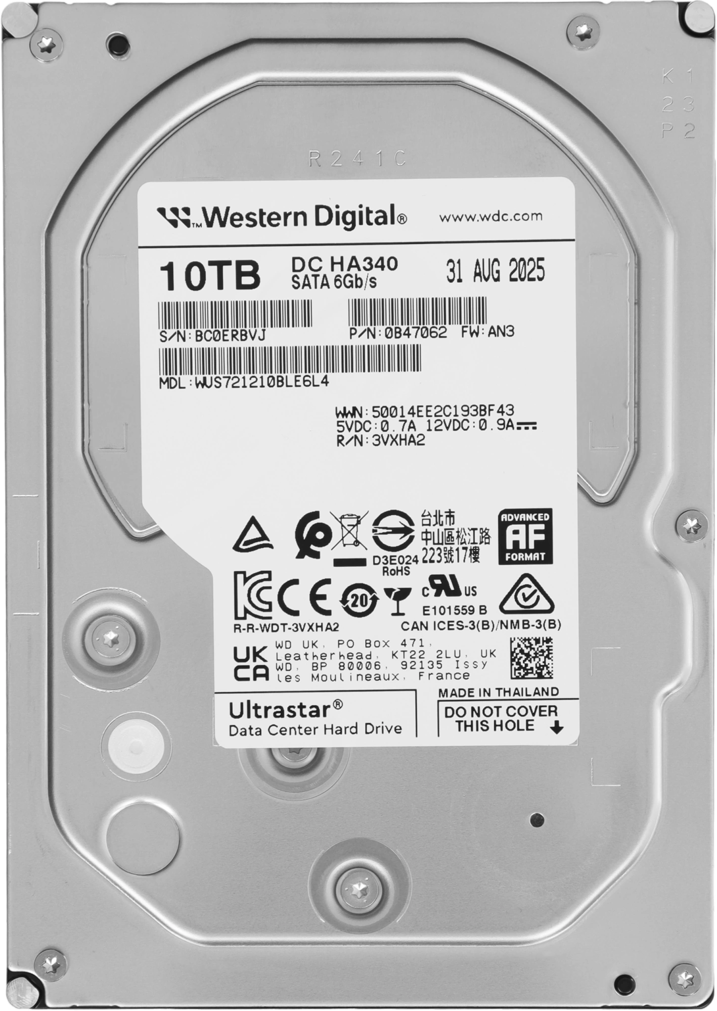 Жесткий диск WD SATA-III 10TB 0B47062 WUS721210BLE6L4 Ultrastar DC HA340 512E (7200rpm) 512Mb 3.5" — фото 1