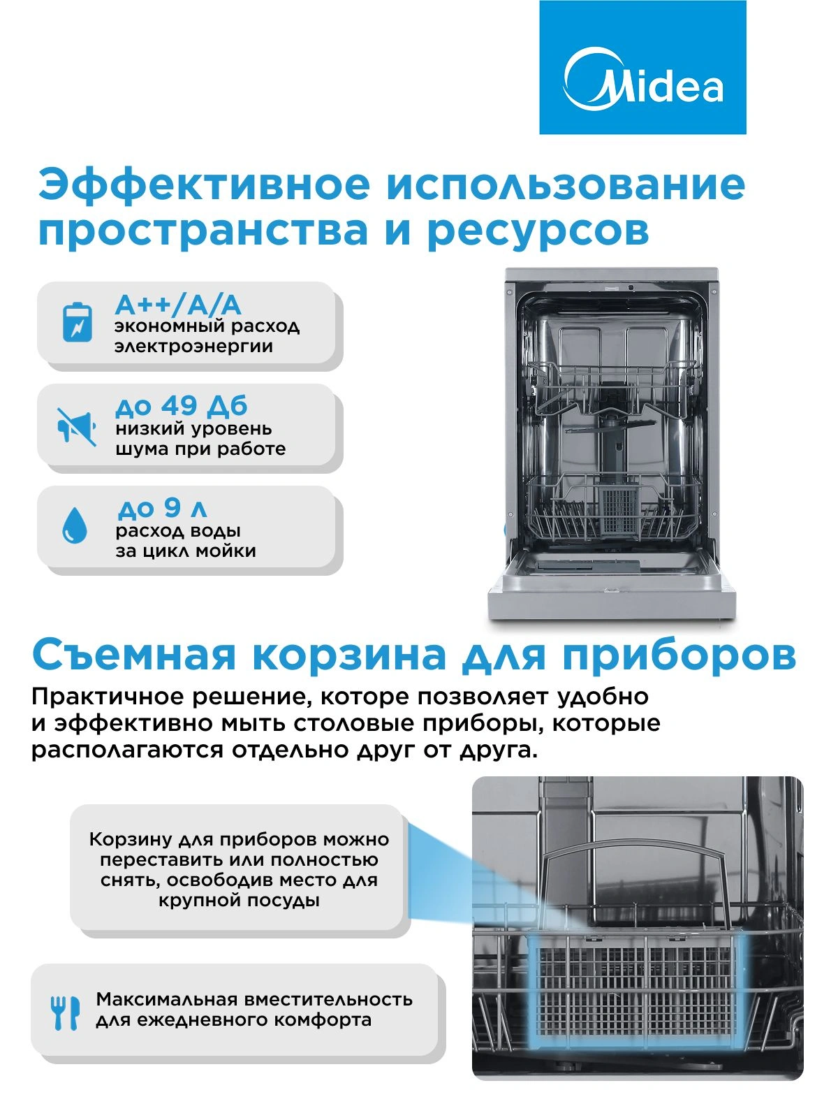 Посудомоечная машина Midea MFD45S050S серебристый (узкая) — миниатюра 12