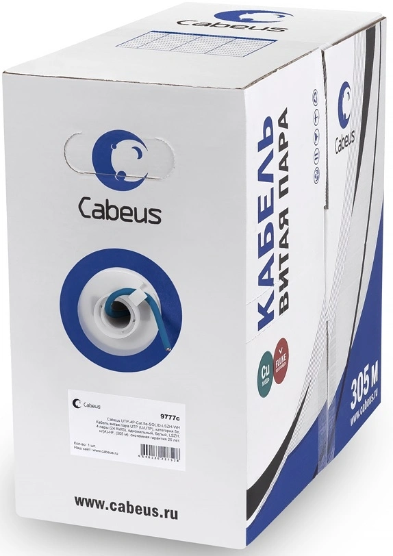 Кабель информационный Cabeus UTP-4P-Cat.5e-SOLID-LSZH-BL кат.5E U/UTP 4 пары LSZH внутренний 305м синий — фото 1
