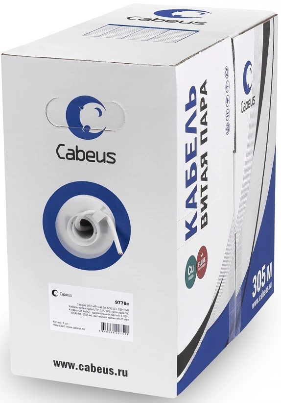 Кабель информационный Cabeus UTP-4P-Cat.5e-SOLID-LSZH-GY кат.5E U/UTP 4 пары LSZH внутренний 305м серый — фото 1