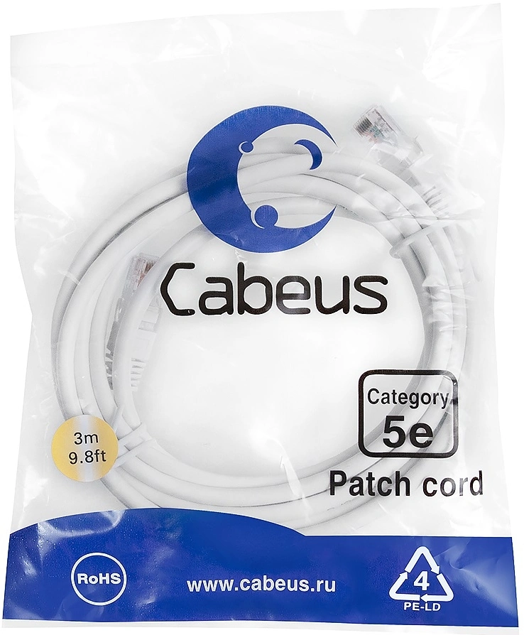 Патч-корд Cabeus PC-UTP-RJ45-CAT.5E-3M-WH-LSZH U/UTP RJ-45 вил.-вилка RJ-45 кат.5E 3м белый LSZH — фото 1
