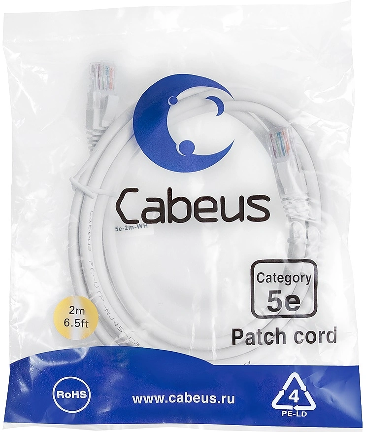Патч-корд Cabeus PC-UTP-RJ45-CAT.5E-2M-WH U/UTP RJ-45 вил.-вилка RJ-45 кат.5E 2м белый ПВХ — фото 1
