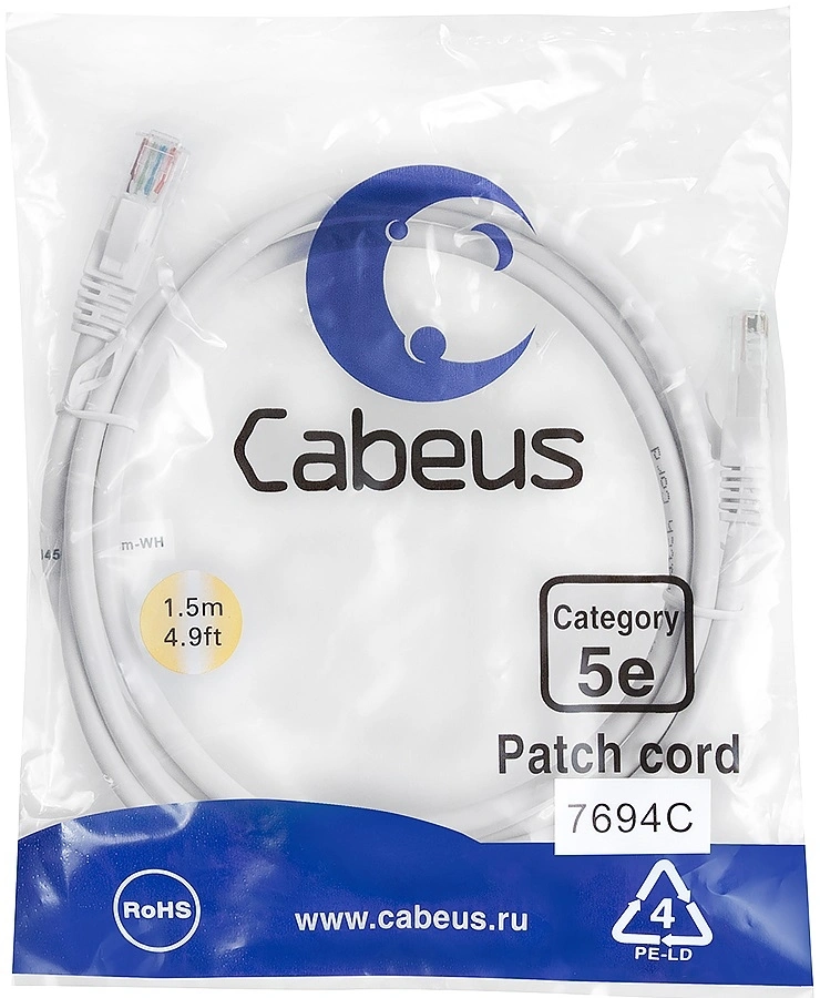Патч-корд Cabeus PC-UTP-RJ45-CAT.5E-1.5M-WH U/UTP RJ-45 вил.-вилка RJ-45 кат.5E 1.5м белый ПВХ — фото 1