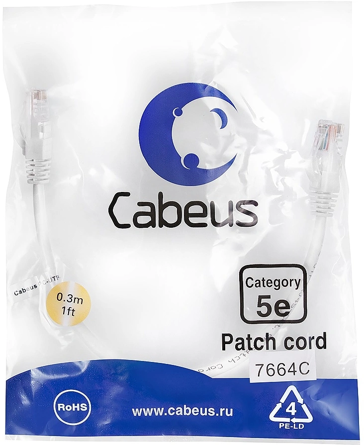 Патч-корд Cabeus PC-UTP-RJ45-Cat.5e-0.3m-WH-LSZH U/UTP RJ-45 вил.-вилка RJ-45 кат.5E 0.3м белый LSZH — фото 1