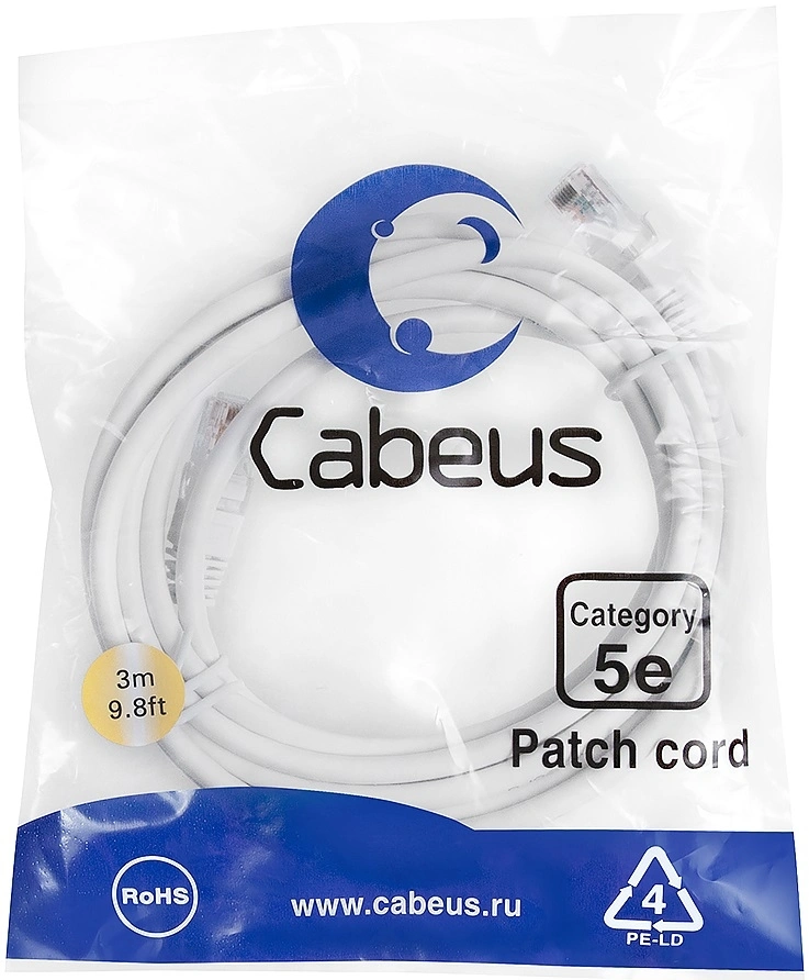 Патч-корд Cabeus PC-UTP-RJ45-CAT.5E-3M-WH U/UTP RJ-45 вил.-вилка RJ-45 кат.5E 3м белый ПВХ — фото 1