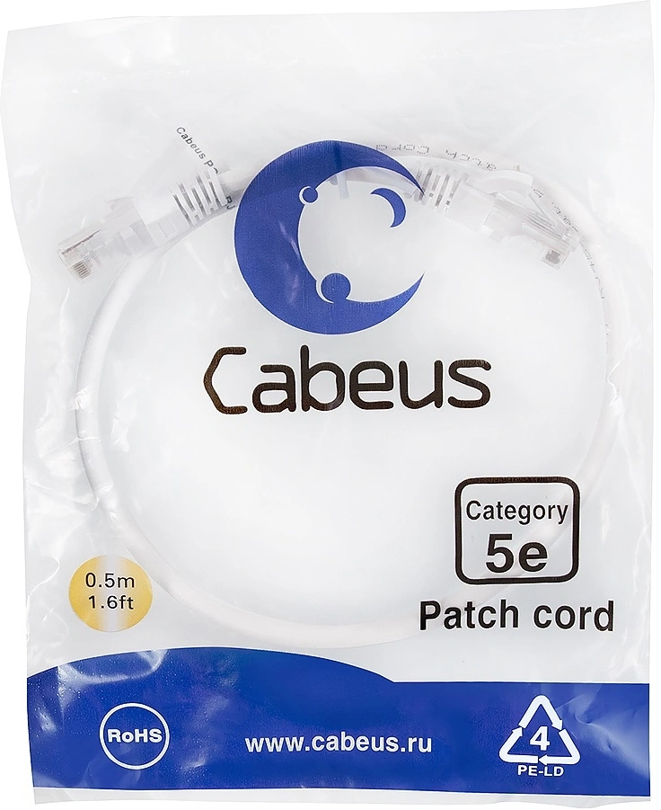 Патч-корд Cabeus PC-UTP-RJ45-Cat.5e-0.5m-WH-LSZH U/UTP RJ-45 вил.-вилка RJ-45 кат.5E 0.5м белый LSZH — фото 1