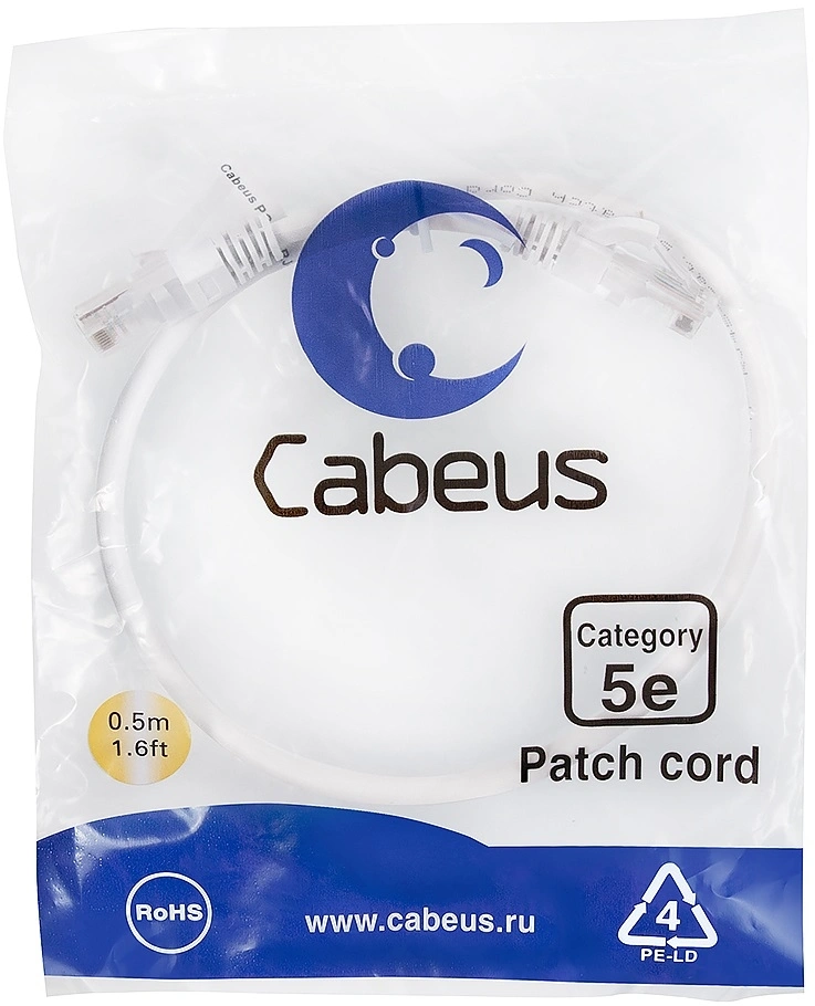 Патч-корд Cabeus PC-UTP-RJ45-CAT.5E-0.5M-WH U/UTP RJ-45 вил.-вилка RJ-45 кат.5E 0.5м белый ПВХ — фото 1