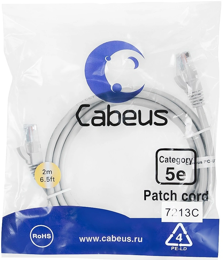 Патч-корд Cabeus PC-UTP-RJ45-CAT.5E-2M U/UTP RJ-45 вил.-вилка RJ-45 кат.5E 2м серый ПВХ — фото 1