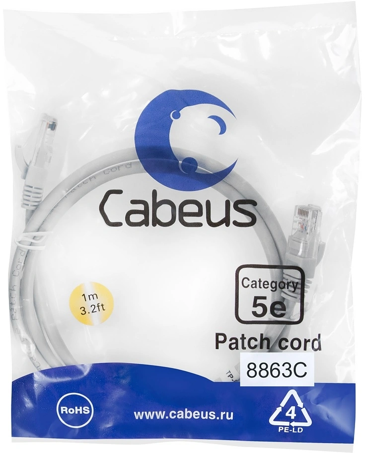 Патч-корд Cabeus PC-UTP-RJ45-CAT.5E-1M-LSZH U/UTP RJ-45 вил.-вилка RJ-45 кат.5E 1м серый LSZH — фото 1