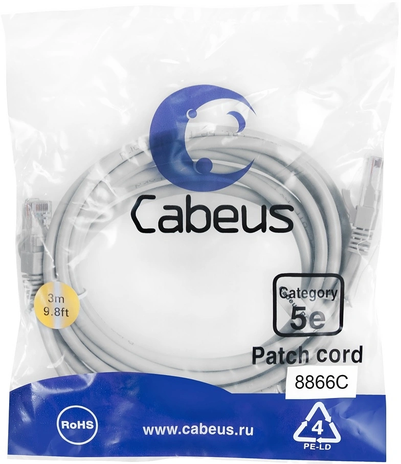 Патч-корд Cabeus PC-UTP-RJ45-CAT.5E-3M-LSZH U/UTP RJ-45 вил.-вилка RJ-45 кат.5E 3м серый LSZH — фото 1