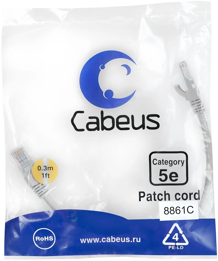 Патч-корд Cabeus PC-UTP-RJ45-CAT.5E-0.3M-LSZH U/UTP RJ-45 вил.-вилка RJ-45 кат.5E 0.3м серый LSZH — фото 1