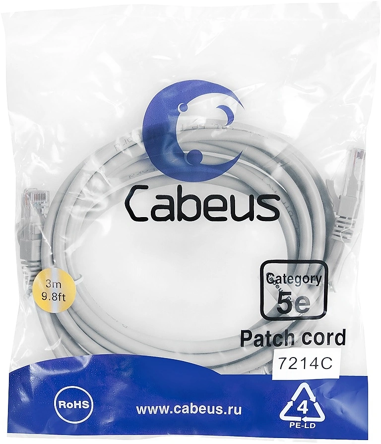 Патч-корд Cabeus PC-UTP-RJ45-CAT.5E-3M U/UTP RJ-45 вил.-вилка RJ-45 кат.5E 3м серый ПВХ — фото 1