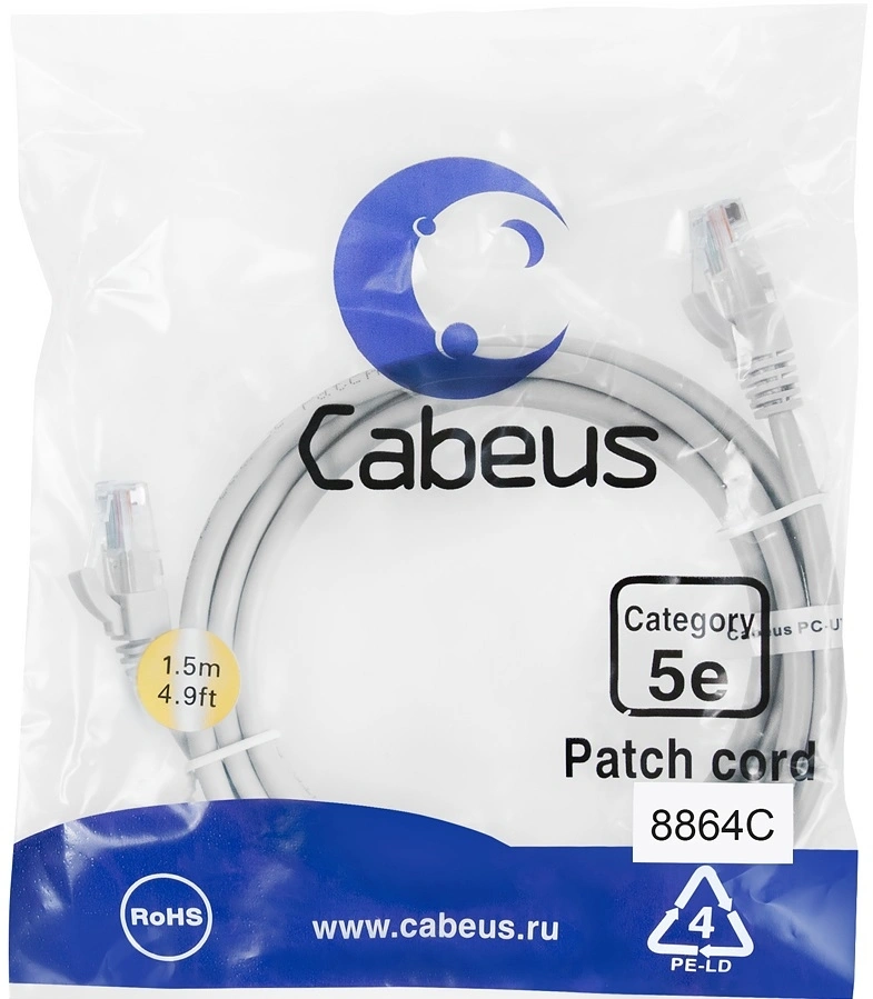 Патч-корд Cabeus PC-UTP-RJ45-CAT.5E-1.5M-LSZH U/FTP RJ-45 вил.-вилка RJ-45 кат.5E 1.5м серый LSZH — фото 1