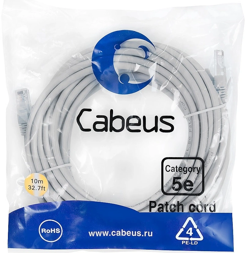 Патч-корд Cabeus PC-UTP-RJ45-CAT.5E-10M-LSZH U/UTP RJ-45 вил.-вилка RJ-45 кат.5E 10м серый LSZH — фото 1