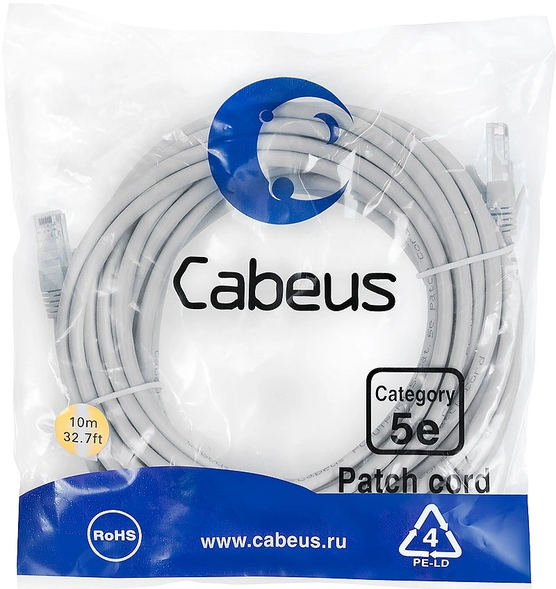 Патч-корд Cabeus PC-UTP-RJ45-CAT.5E-15M-LSZH U/UTP RJ-45 вил.-вилка RJ-45 кат.5E 15м серый LSZH — фото 1
