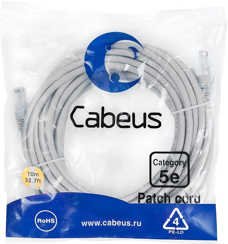 Патч-корд Cabeus PC-UTP-RJ45-CAT.5E-20M-LSZH U/UTP RJ-45 вил.-вилка RJ-45 кат.5E 20м серый LSZH — фото 1