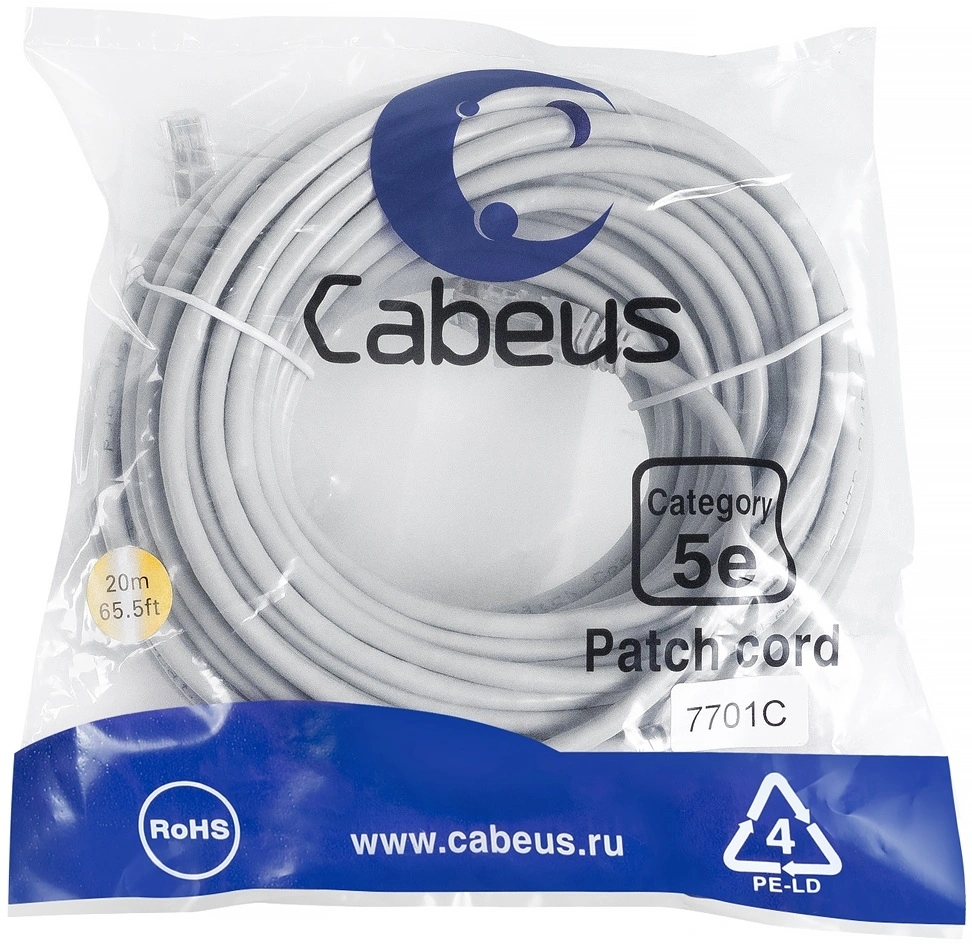 Патч-корд Cabeus PC-UTP-RJ45-CAT.5E-20M U/UTP RJ-45 вил.-вилка RJ-45 кат.5E 20м серый ПВХ — фото 1